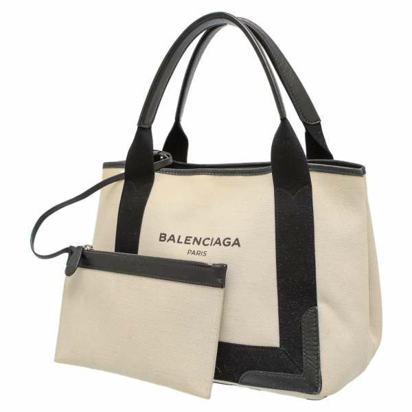 バレンシアガ トートバッグ ネイビーカバス S ストライプ ポーチ付 339933 BALENCIAGA スモールサイズ 白 黒